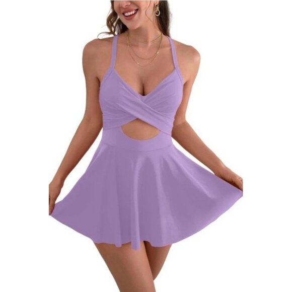Women's One Piece Swim Dress Wrap Swimsuits Tummy Control Cutout V Neck Size L - Picture 1 of 7